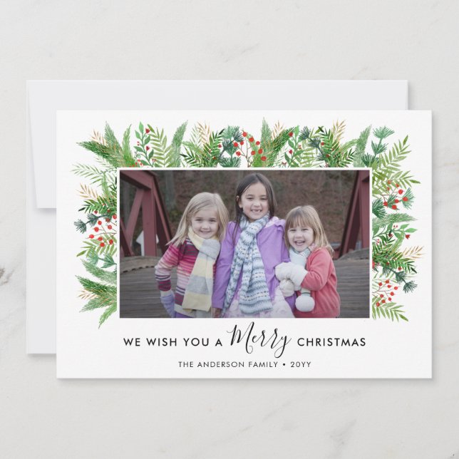 Cartes Pour Fêtes Annuelles Joyeux Noël moderne Pins botaniques 2 Photo (Devant)