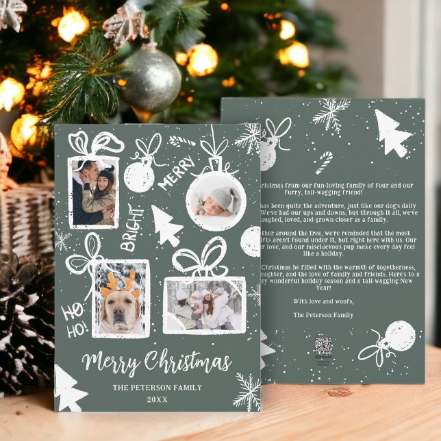 Cartes Pour Fêtes Annuelles Joyeux Noël moderne présente plaisir vert 4 photos (Modern merry Christmas presents green fun 4 photos Holiday Card)