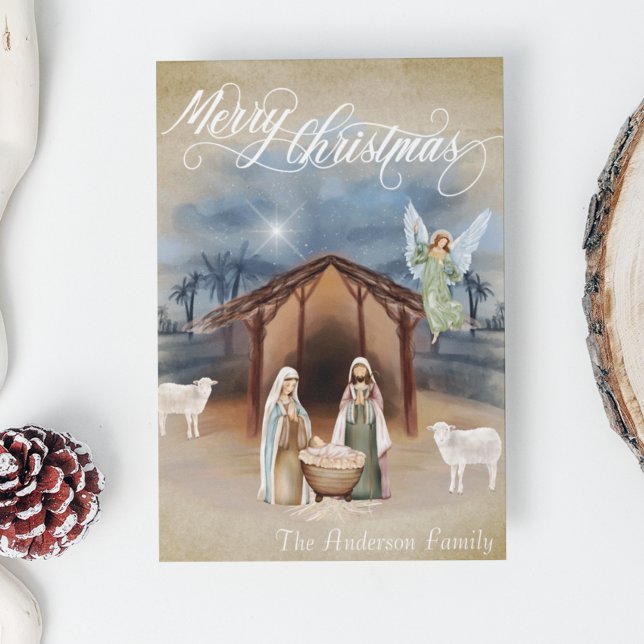 Cartes Pour Fêtes Annuelles Joyeux Noël Nativité Manger Scène Aquarelle (Créateur téléchargé)