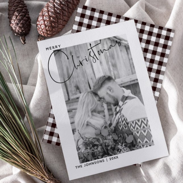 Cartes Pour Fêtes Annuelles Joyeux Noël noir & blanc Script photo d'abord (Créateur téléchargé)