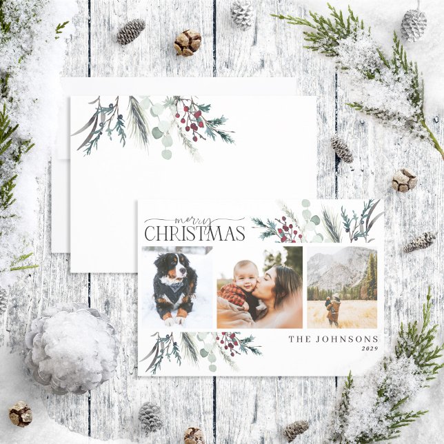 Cartes Pour Fêtes Annuelles Joyeux Noël Noir hiver Botanique Photo Vacances (Créateur téléchargé)