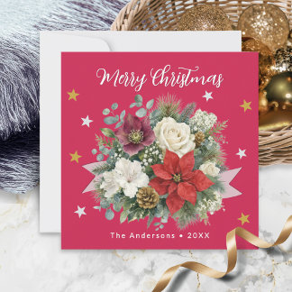 Cartes Pour Fêtes Annuelles Joyeux Noël Nom de Famille Rouge Floral