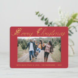 Cartes Pour Fêtes Annuelles Joyeux Noël or Feuilles Typographie Rouge Photo