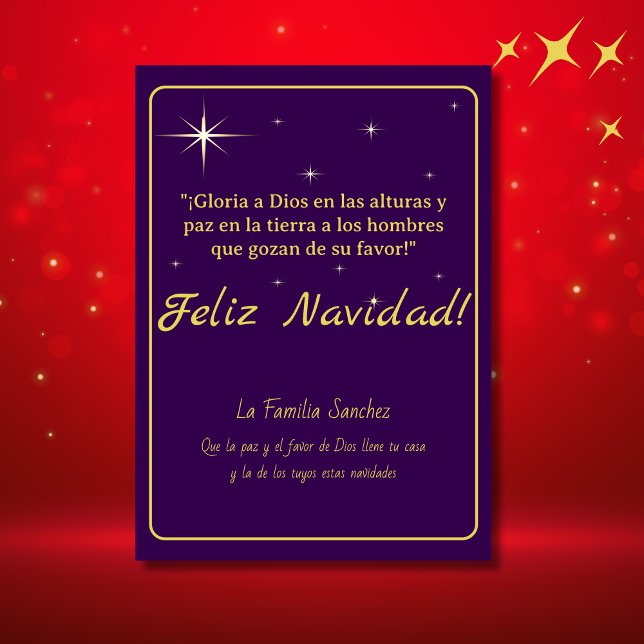 Cartes Pour Fêtes Annuelles Joyeux Noël Or & Violet Luc 2:14 Verset (Spanish Christmas Card Purple, personalized terxt & greetings with bible verse. Con Jesus en el cami)
