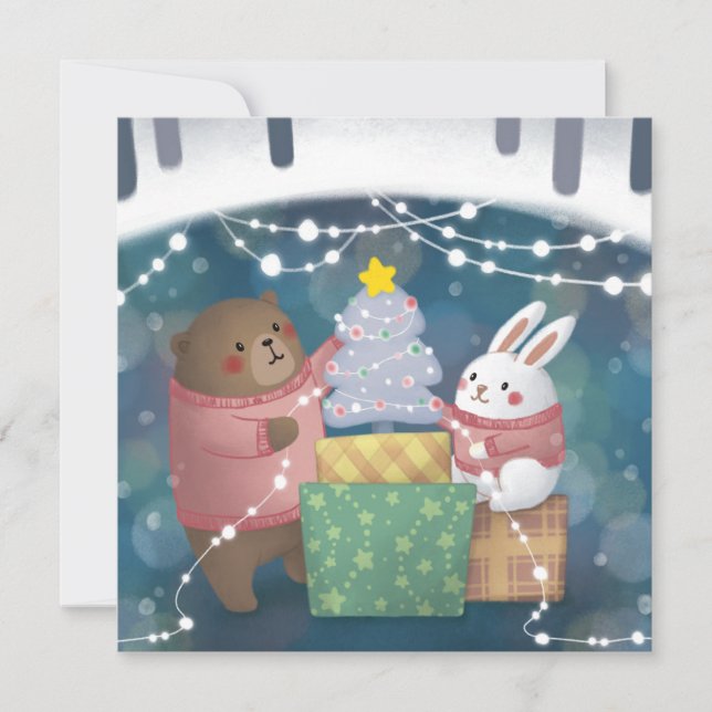 Cartes Pour Fêtes Annuelles Joyeux Noël : ours et lapin (Devant)