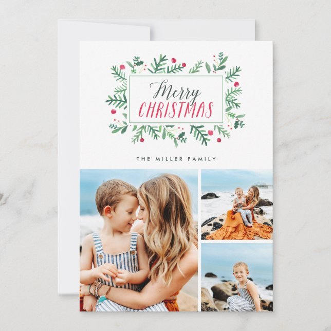 Cartes Pour Fêtes Annuelles Joyeux Noël Peint Botaniques 3 Photo (Devant)