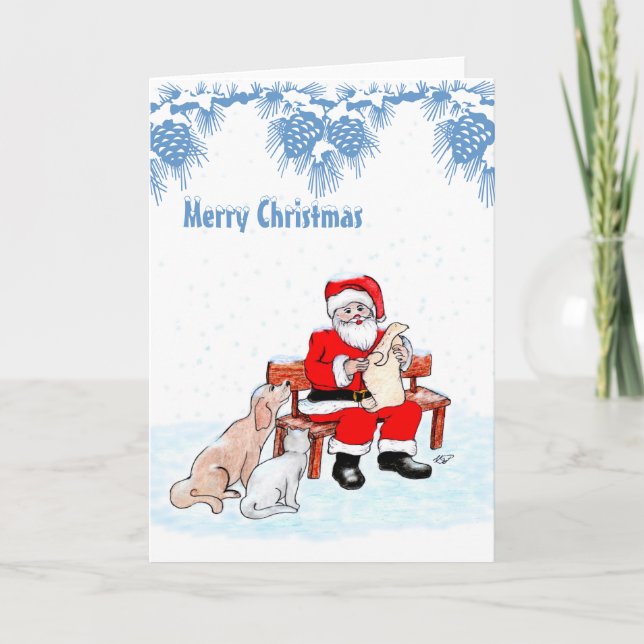 Cartes Pour Fêtes Annuelles Joyeux Noël - Père Noël avec chat et chien (Devant)