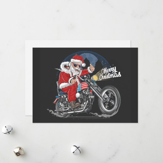 Cartes Pour Fêtes Annuelles Joyeux Noël Père Noël Biker (Devant/Arrière en situation)