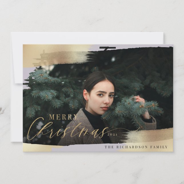 Cartes Pour Fêtes Annuelles Joyeux Noël Périwinkel & Gold Foil Brush Photo (Devant)