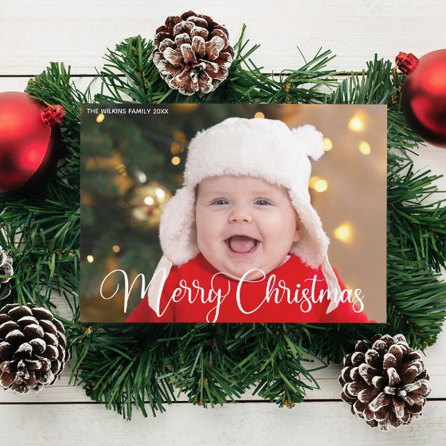 Cartes Pour Fêtes Annuelles Joyeux Noël personnalisé photo de script blanc (Créateur téléchargé)