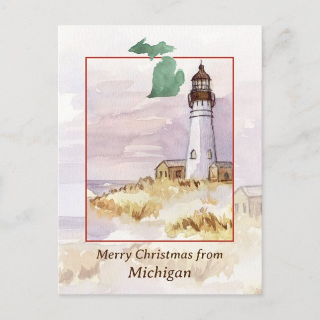 Cartes Pour Fêtes Annuelles Joyeux Noël Phare du Michigan Neige d'hiver (Devant)