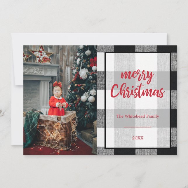 Cartes Pour Fêtes Annuelles Joyeux Noël Photo Black White Buffalo Plaid (Devant)