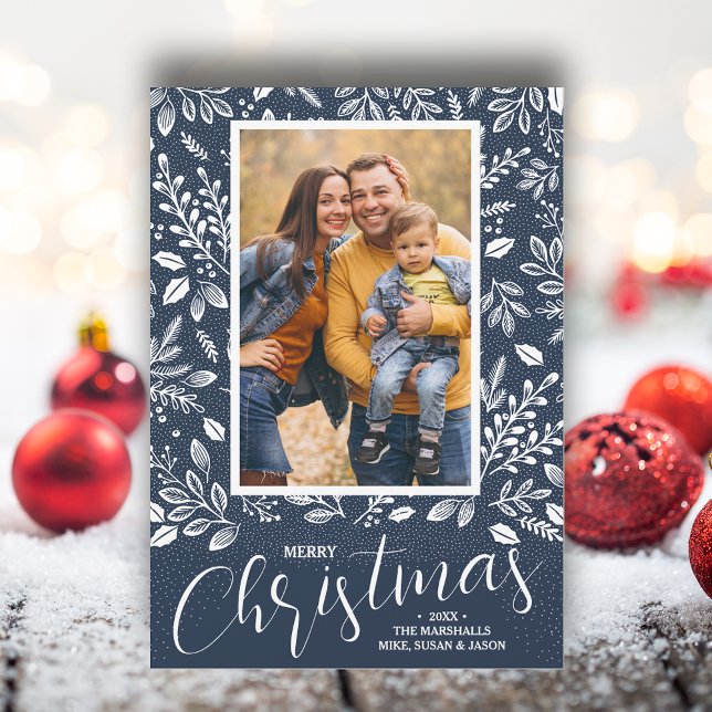 Cartes Pour Fêtes Annuelles Joyeux Noël photo bleue de la Marine (White botanicals on blue Merry Christmas photo holiday cards, PRINTED and/or INSTANT DOWNLOAD)