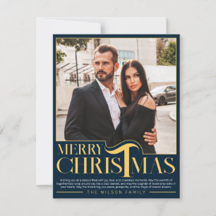 Cartes Pour Fêtes Annuelles Joyeux Noël Photo de Famille Élégant Bleu et Or