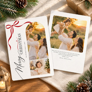 Cartes Pour Fêtes Annuelles Joyeux Noël Photo de Famille Élégant Ruban Rouge