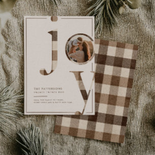 Cartes Pour Fêtes Annuelles Joyeux Noël Photo de Famille Gingham Brun Rustique