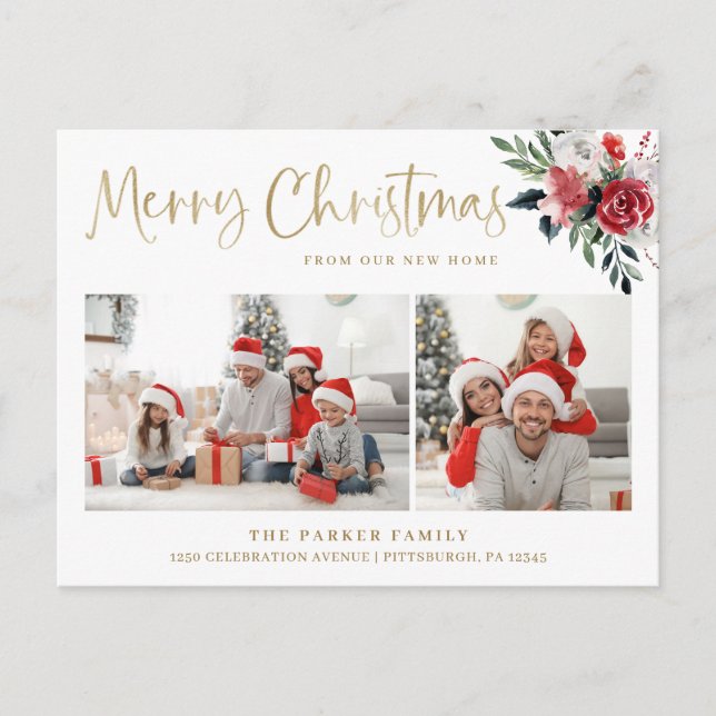 Cartes Pour Fêtes Annuelles Joyeux Noël | Photo Floral Changement d'adresse (Devant)