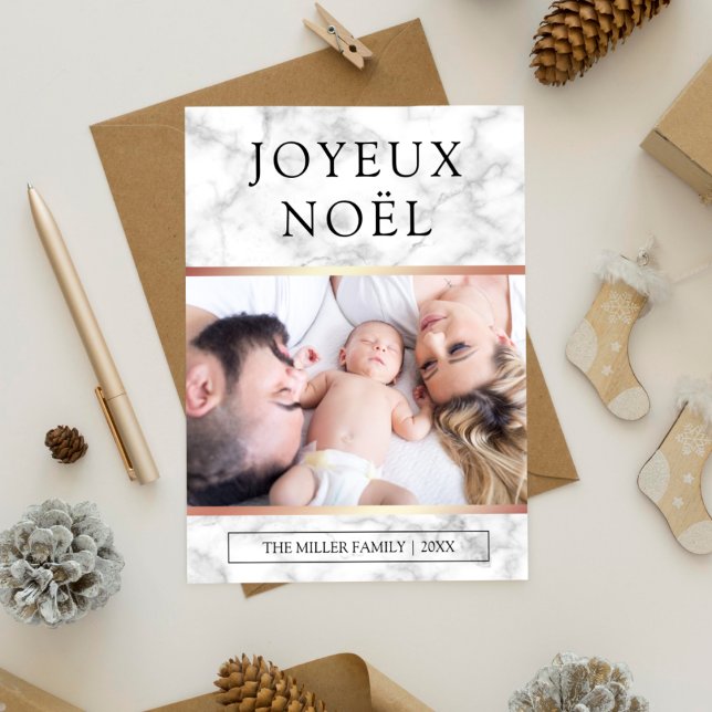 Cartes Pour Fêtes Annuelles Joyeux Noël | Photo Marbre blanc Rose Gold Foil (Créateur téléchargé)