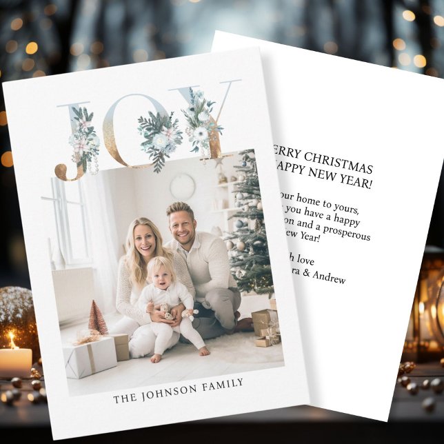 Cartes Pour Fêtes Annuelles Joyeux Noël ! Photo moderne, simple (Customer specific "Joy-Merry Christmas" white-gold, photo holiday card. )