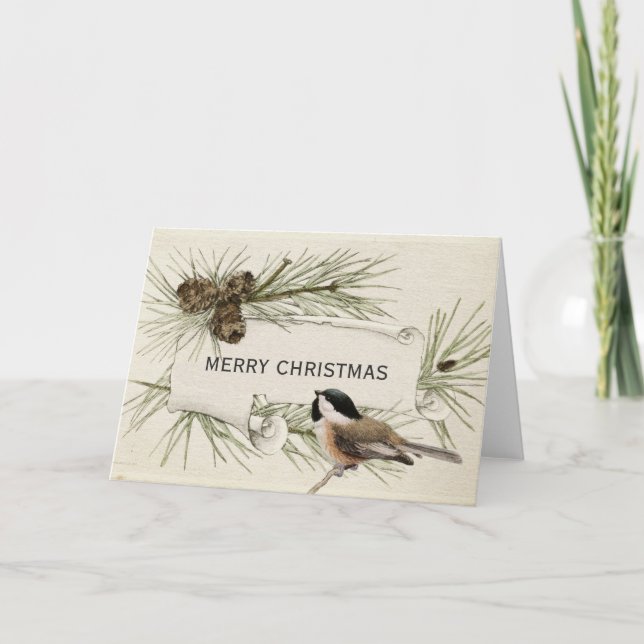 Cartes Pour Fêtes Annuelles Joyeux Noël Pickadee Bird Pinecone Scroll (Devant)