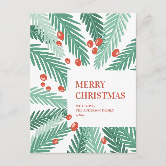 Cartes Pour Fêtes Annuelles Joyeux Noël. Pins verts. Framboise rouge. Moderne (Devant)