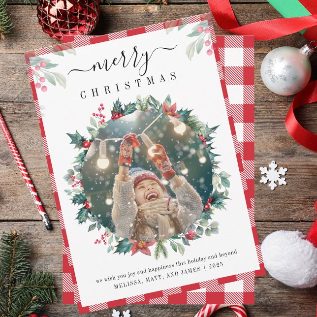 Cartes Pour Fêtes Annuelles Joyeux Noël Plaid Photo Mistletoe (Merry Christmas Plaid Photo Mistletoe Holiday Card)