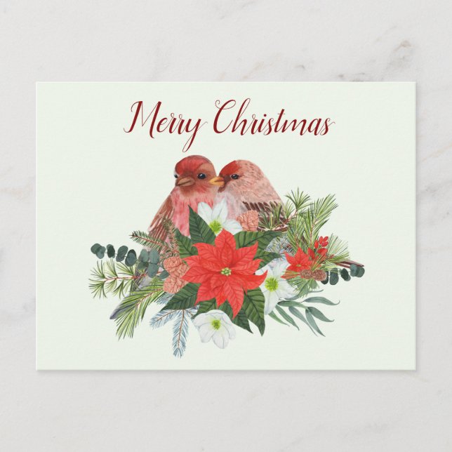 Cartes Pour Fêtes Annuelles Joyeux Noël Poinsettia et deux oiseaux rouges (Devant)