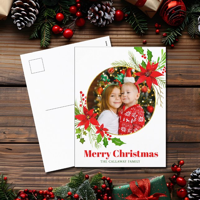 Cartes Pour Fêtes Annuelles Joyeux Noël Poinsettia Festive Famille Photo (Créateur téléchargé)