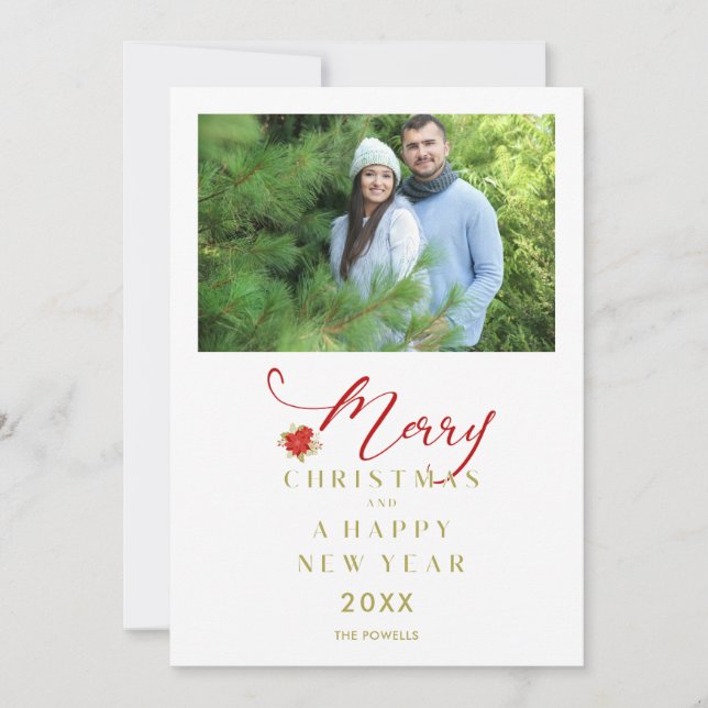 Cartes Pour Fêtes Annuelles Joyeux Noël Poinsettias Branches Bouquet Photo (Devant)