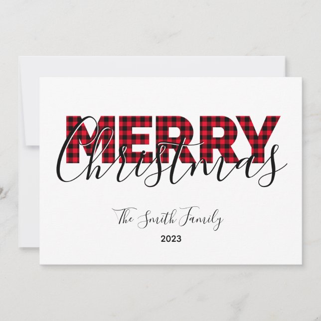 Cartes Pour Fêtes Annuelles Joyeux Noël Red Buffalo Plaid et Calligraphie (Devant)