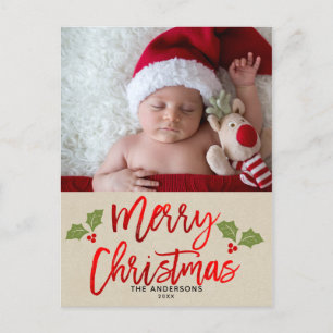 Cartes Pour Fêtes Annuelles Joyeux Noël Red Foil Script Photo de vacances