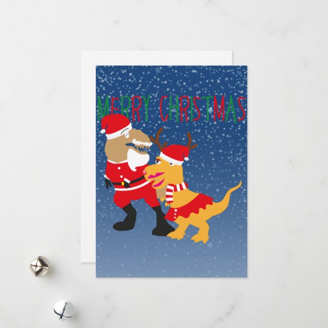 Cartes Pour Fêtes Annuelles joyeux noël, rennes santa claus dinosaures (Devant/Arrière en situation)