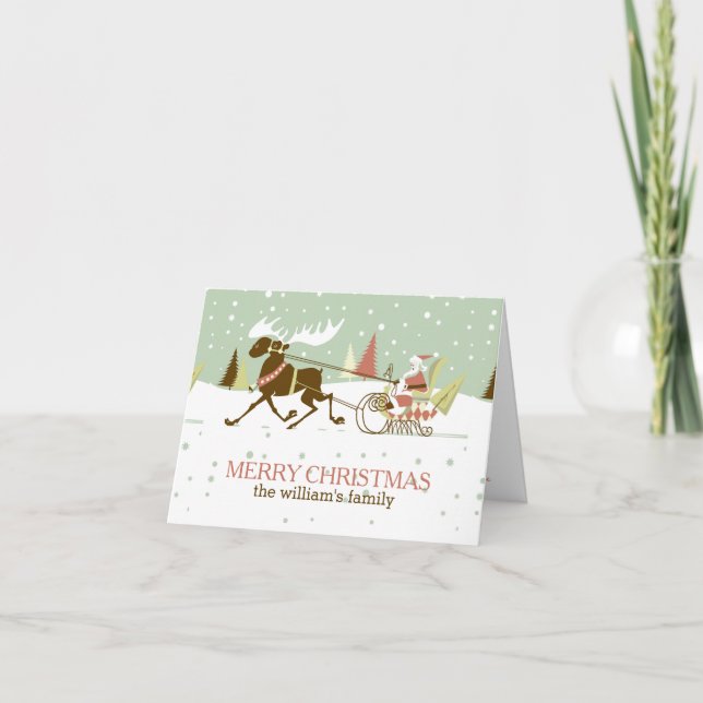 Cartes Pour Fêtes Annuelles Joyeux Noël Retro Père Noël & Deer Illustration (Devant)