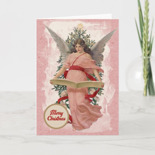 Cartes Pour Fêtes Annuelles Joyeux Noël rose Ange Arbre Livre Religieux (Devant)