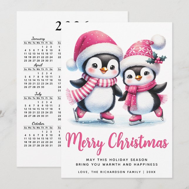 Cartes Pour Fêtes Annuelles Joyeux Noël rose mignon patinage sur glace pingoui (Devant / Derrière)