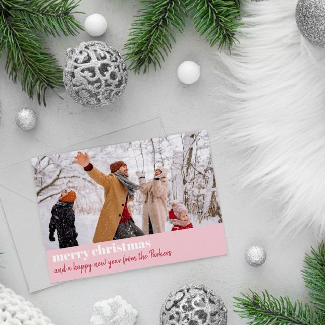Cartes Pour Fêtes Annuelles Joyeux Noël rose moderne photo large (Créateur téléchargé)