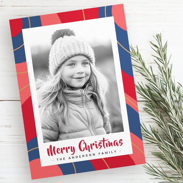 Cartes Pour Fêtes Annuelles Joyeux Noël rose rose foncé bleu rétro (Red pink dark blue retro merry Christmas photo holiday card)