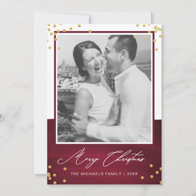Cartes Pour Fêtes Annuelles Joyeux Noël rouge avec Faux Gold et photo (Devant)