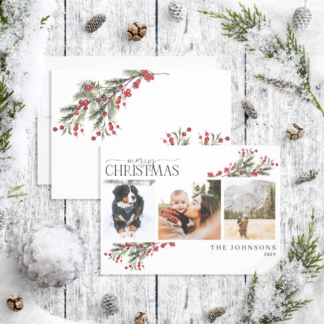 Cartes Pour Fêtes Annuelles Joyeux Noël Rouge chaud hiver Botanique Photo Ho (Créateur téléchargé)