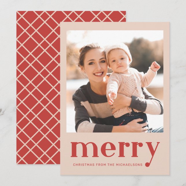 Cartes Pour Fêtes Annuelles Joyeux Noël Rouge Chèque photo (Devant / Derrière)