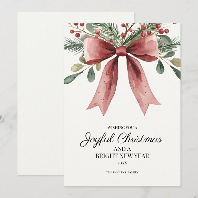Cartes Pour Fêtes Annuelles Joyeux Noël Rouge Elégant Aquarelle Bow (Devant / Derrière)