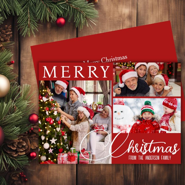 Cartes Pour Fêtes Annuelles Joyeux Noël rouge et blanc Trois photos (Red And White Merry Christmas Three Photo Festive Holiday Card)