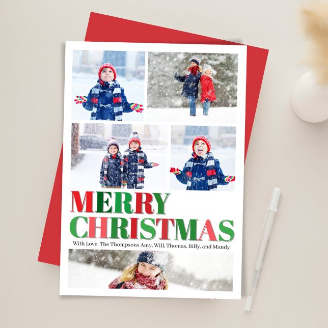 Cartes Pour Fêtes Annuelles Joyeux Noël rouge et vert (Merry Christmas Multi Photo Holiday card.)