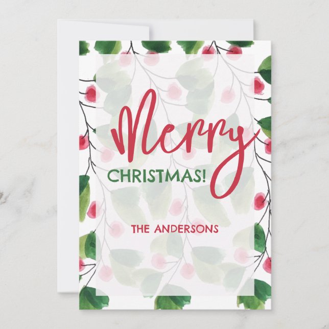 Cartes Pour Fêtes Annuelles Joyeux Noël Rouge Et Vert Aquarelle Wreath (Devant)