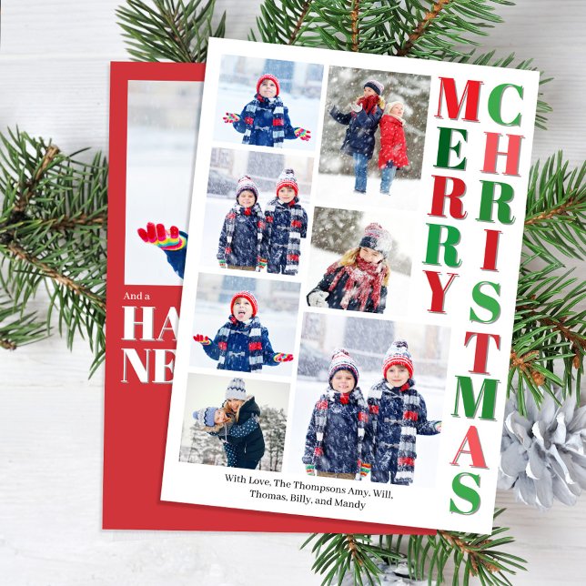 Cartes Pour Fêtes Annuelles Joyeux Noël Rouge et Vert Photo Collage (Merry Christmas Photo Collage Custom Holiday Photo Card)
