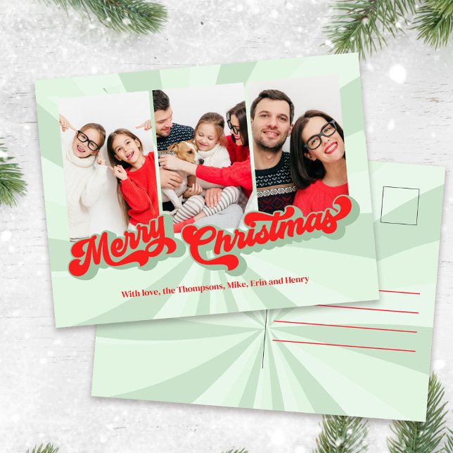 Cartes Pour Fêtes Annuelles Joyeux Noël rouge et vert Retro Photo (Bold red and light green swirls holiday photo postcard)
