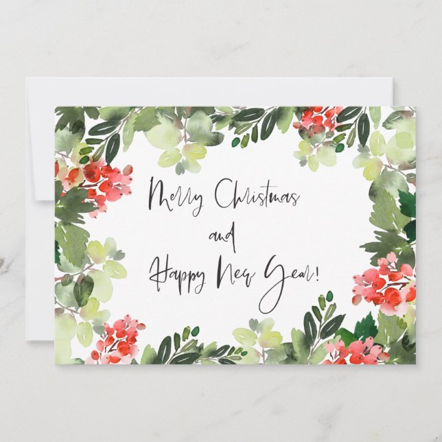 Cartes Pour Fêtes Annuelles Joyeux Noël Rouge Holly Script moderne (Devant)