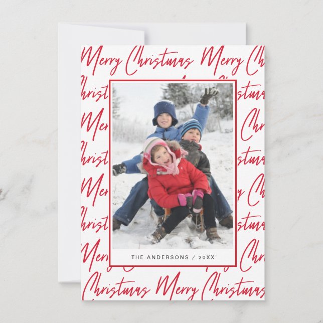 Cartes Pour Fêtes Annuelles Joyeux Noël Rouge Main Lettré Script Photo (Devant)