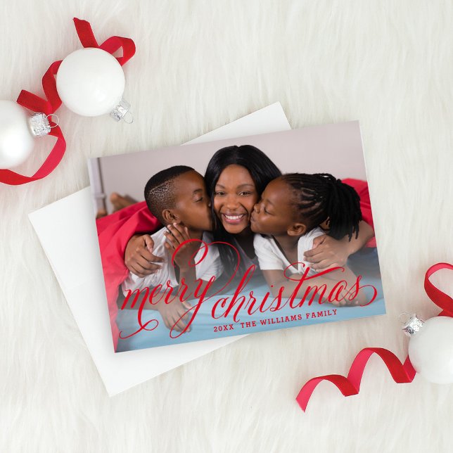 Cartes Pour Fêtes Annuelles Joyeux Noël Rouge manuscrit photo (Créateur téléchargé)