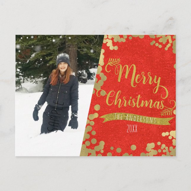 Cartes Pour Fêtes Annuelles Joyeux Noël Rouge & Or Vacances photo moderne (Devant)